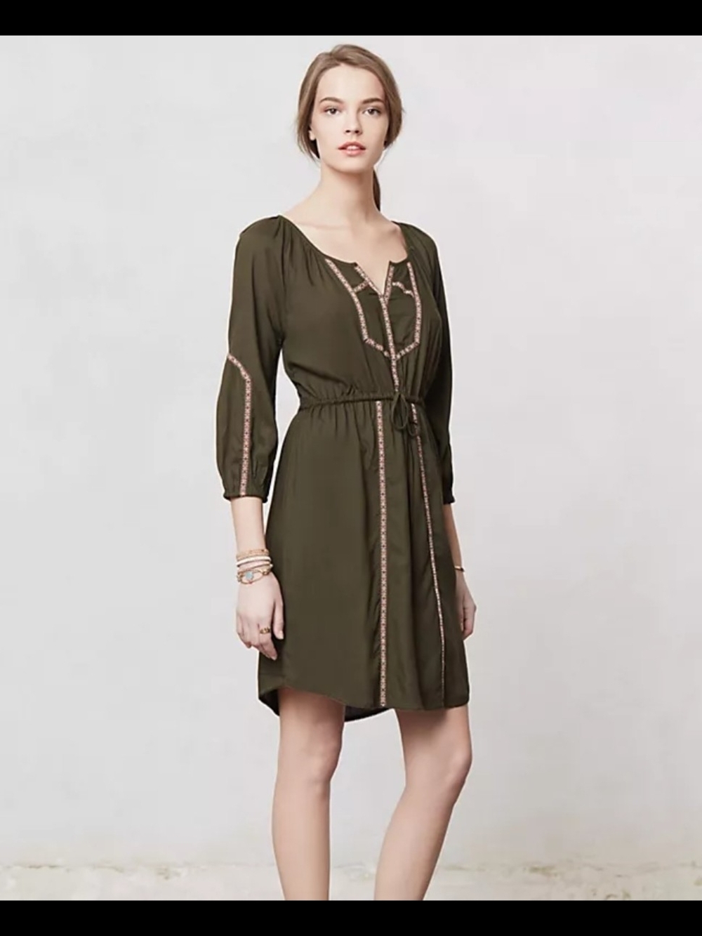 Anthropologie Edme & Esyllte Olive Embroidered Tie-Waist Dress